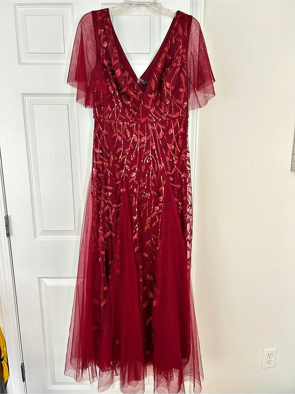 EVER PRETTY Astral Shimmery Ruffle Sleeves Maxi Sequin Evening Dress Red XL